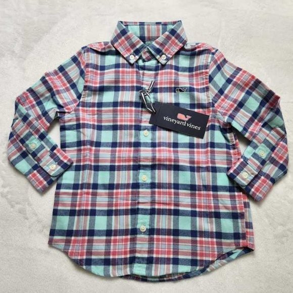 New boys 7 S L Vineyard Vines flannel whale plaid shirt in Caicos pink blue